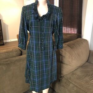 St Martins plaid Vintage Dress Ruffle Neckline Woman’s XL Green 3/4 sleeve